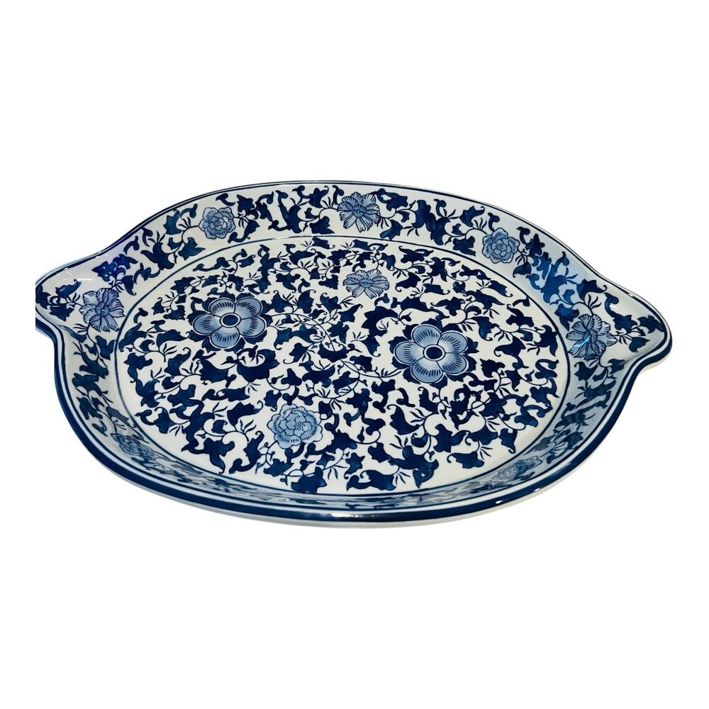 Oversized 21” Blue White Porcelain Platter Bowl w Handles Floral Chinoiserie